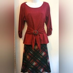 Perceptions Two Piece Burgundy/Plaid Mix Skirt Set, Women's Size 14